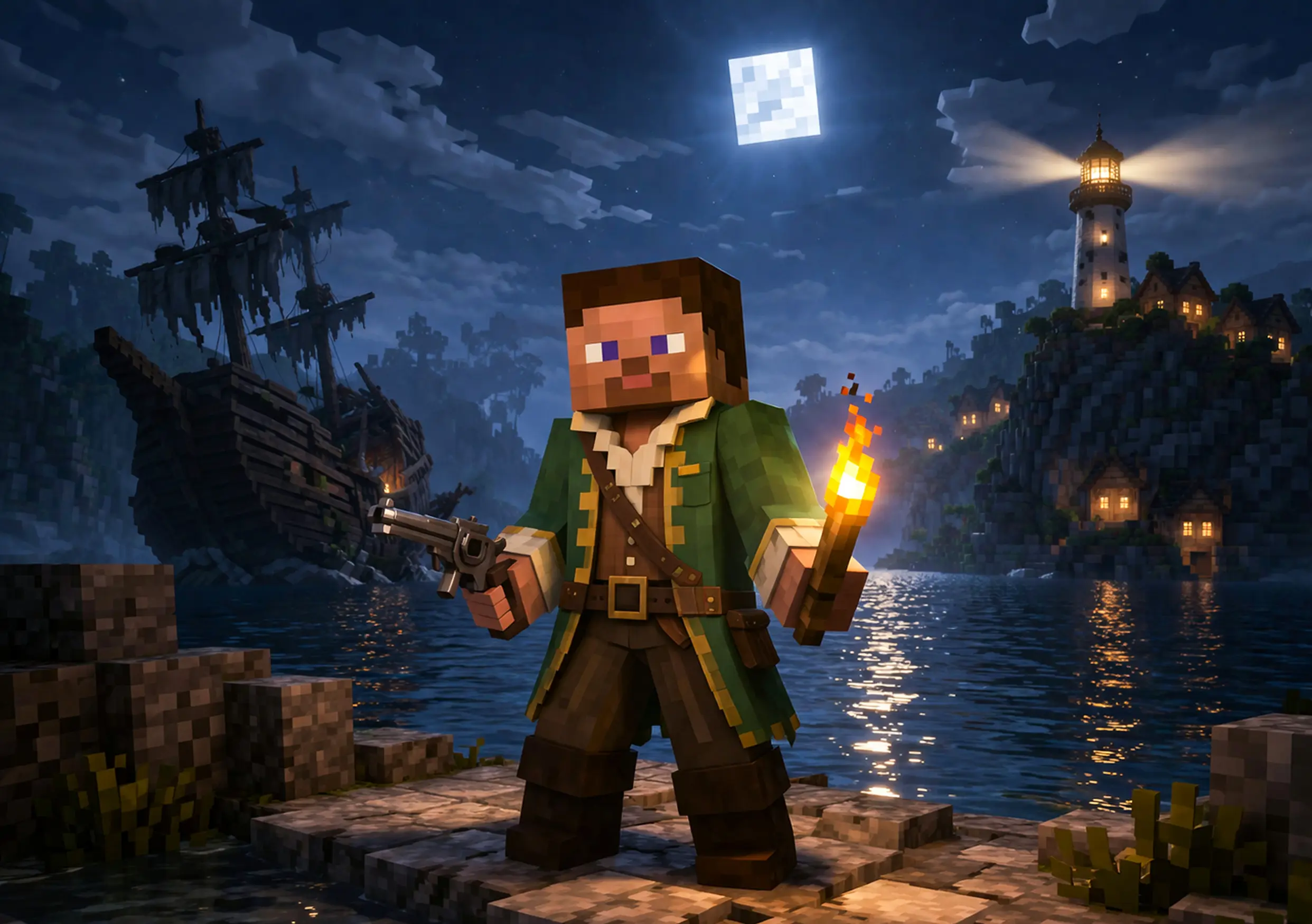 Персонаж Minecraft с пистолетом и факелом на ночном берегу, за ним пиратский корабль и маяк